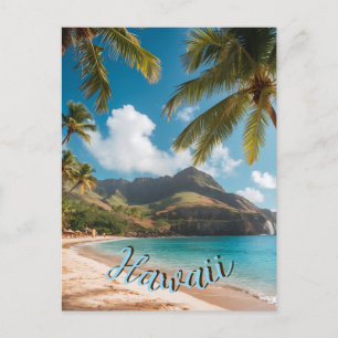 Cartão Postal Estilo Vintage Havaiano Palmeiras Mar Azul Céu Via
