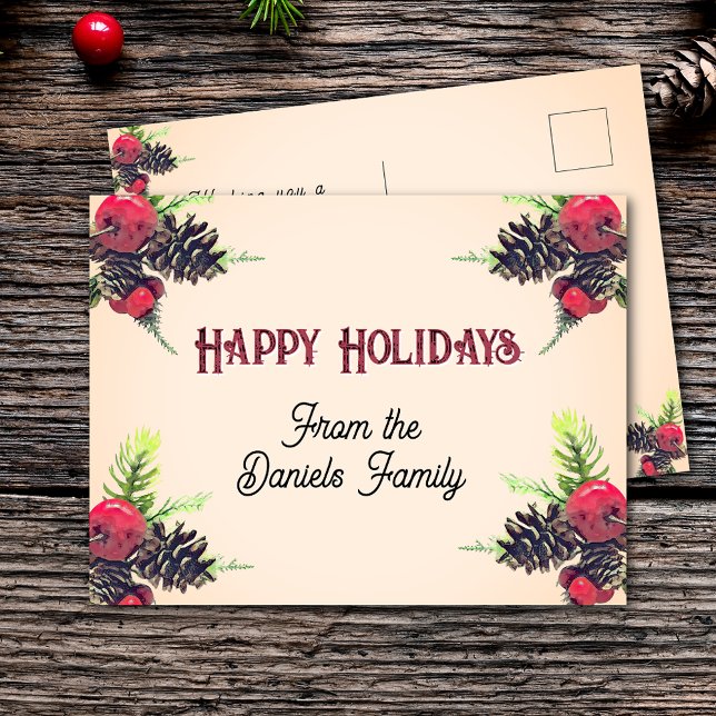 Cartão Postal Estilo Vintage Pine Cone & Berries Natal (Criador carregado)