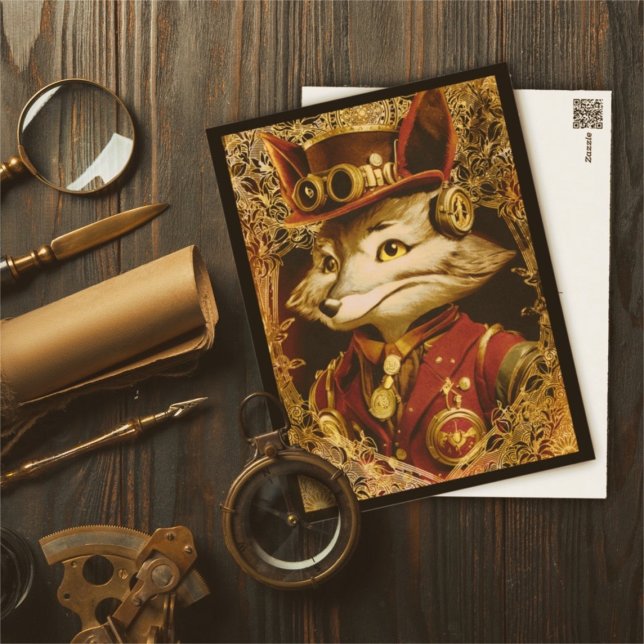 Cartão Postal Estilo Vintage Steampunk Fox (Steampunk Fox postcard vintage style)