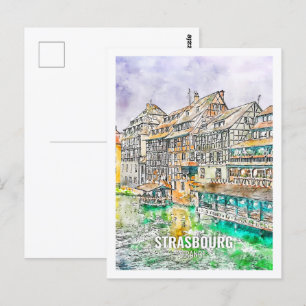 Cartão Postal Estrasburgo França Famosa Viagem Place Watercolor