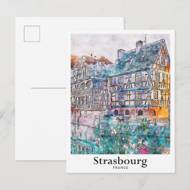 Cartão Postal Estrasburgo França Viagem Watercolor (Frente/Verso)