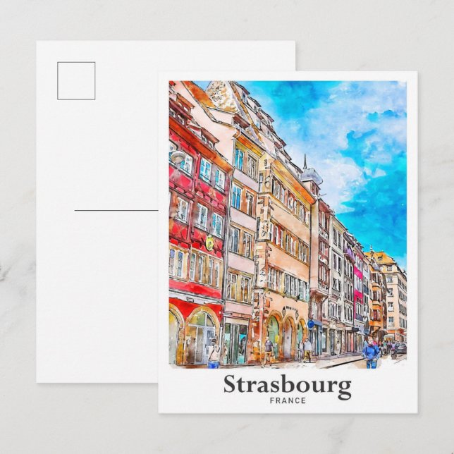 Cartão Postal Estrasburgo França Viagem Watercolor (Frente/Verso)