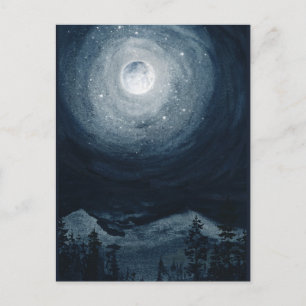 Cartão Postal Estrela da Lua cheio brilhante montanha azul-noite