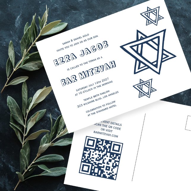 Cartão Postal ESTRELA DE CARTA EXTERNA DO BAR QR Personalizado D (OUTLINE LETTER STAR of DAVID Custom QR Code BAR BAT Mitzvah Postcard
)