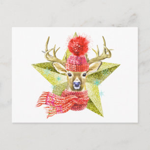 Cartão Postal Estrela de Veado de Inverno com Aquarela Adorável