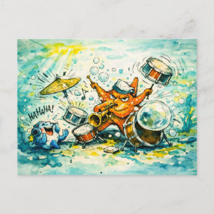 Cartão Postal Estrela-do-mar tocando bateria e trompete  