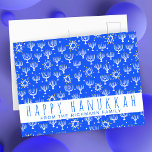 Cartão Postal Estrela Feliz de Chanucá de David Menorah Blue CUS<br><div class="desc">Personalize este cartão adicionando seu próprio texto sobre o fundo bonito. Clique em "personalizar" acima para editar o texto e "editar usando a ferramenta design" para alterar a fonte, as cores e o layout. Adicione seu próprio texto ao lado de trás também. Procure mais cores e designs no meu compro...</div>