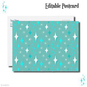 Cartão Postal Estrelas Brancas e Azul Turquesa Retro Editáveis