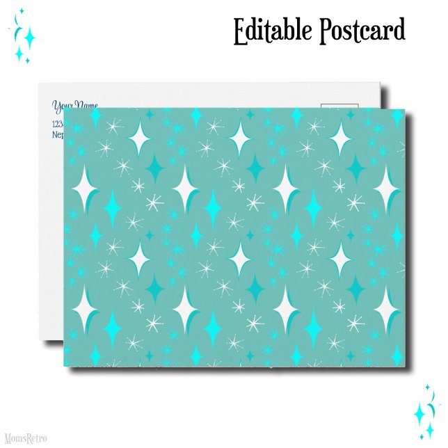 Cartão Postal Estrelas Brancas e Azul Turquesa Retro Editáveis (Retro Teal and White Stars Editable Postcard)