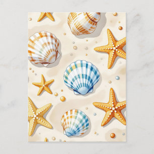 Cartão Postal Estrelas-do-Mar Conchas Marinhas Padrão de Praia