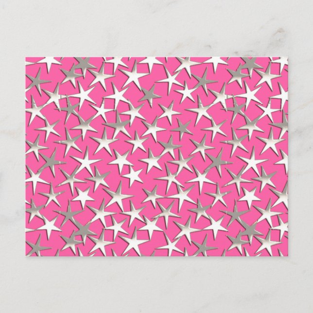 Cartão Postal Estrelas prateadas de rosa fuchsia (Frente)