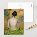 Cartão Postal Estudo da Carne Dourada | William Merritt Chase<br><div class="desc">Estudo de Cor da Carne e Dourado (1888) | William Merritt Chase's Study of Flesh Color e Dourado é um estudo de figura cativante que retrata uma mulher sentada das costas, envolta num rico e vibrante tecido verde. A interação entre a suavidade de sua pele nua e a textura luxuosa...</div>