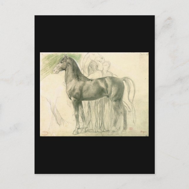 Cartão Postal Estudo de Edgar Degas sobre um cavalo com figuras (Frente)
