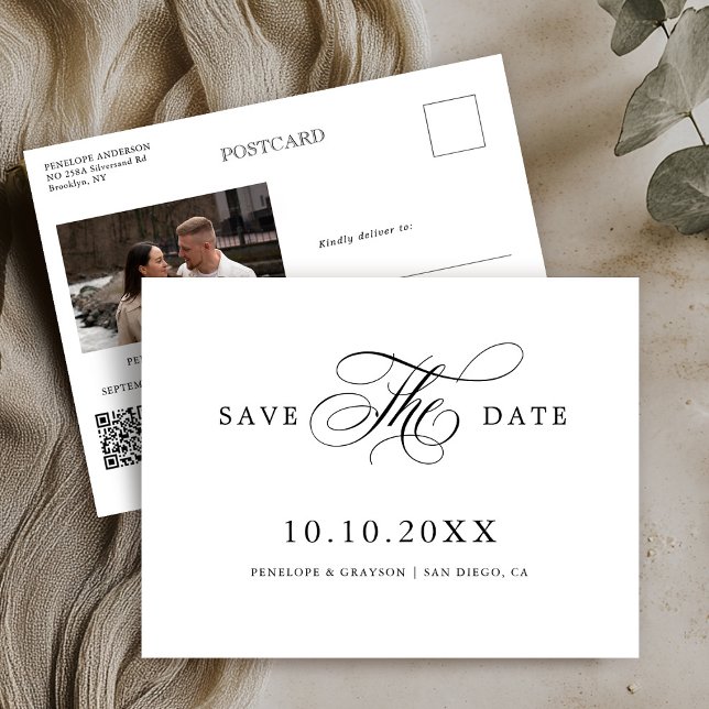 Cartão Postal Eterno de caligrafia moderna Preto Salvar a Data (Modern calligraphy timeless Black and white photo QR code Save the Date Postcard)