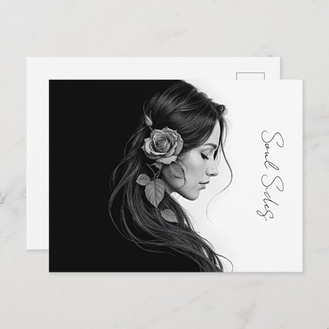 Cartão Postal Eterno preto branco dramático design de cabelo flo (Frente/Verso)