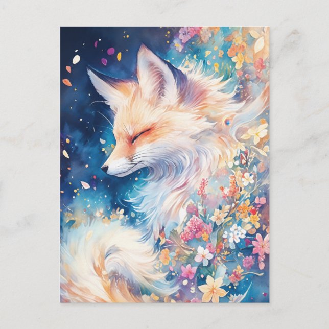 Cartão Postal Ethereal Red Fox in Blue Floral Night (Frente)