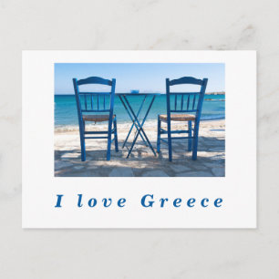Cartão Postal Eu adoro Grécia taverna foto azul e branca