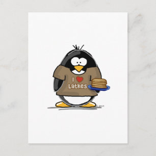 Cartão Postal Eu Adoro Latkes Penguin