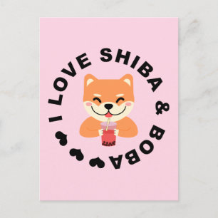 Cartão Postal EU AMO SHIBA & BOBA - Fofo Shiba Inu e Boba Tea
