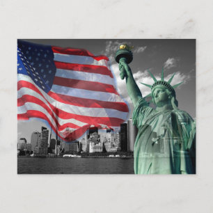 Cartão Postal EUA: Lady Liberty, bandeira americana, NYC