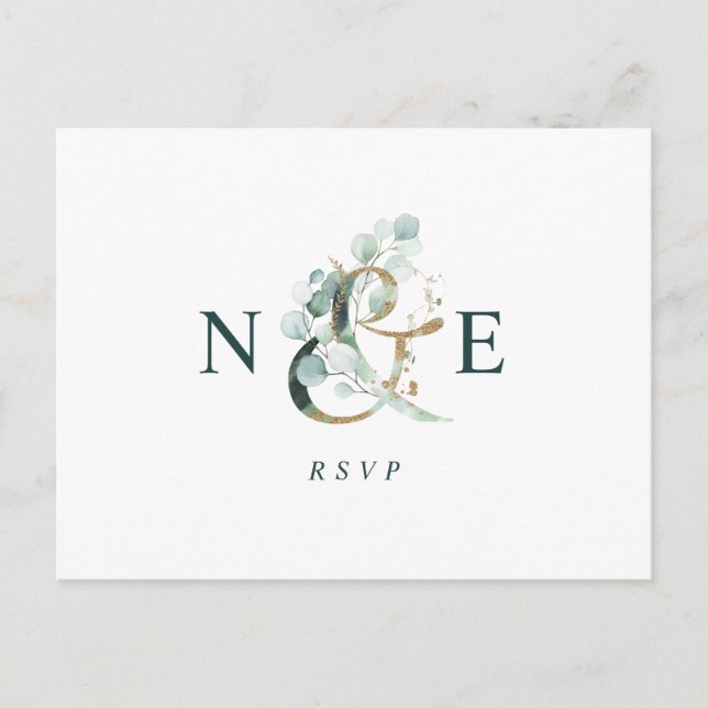 Cartão Postal Eucalyptus Ampersand Dourado Casamento Verde RSVP (Frente)