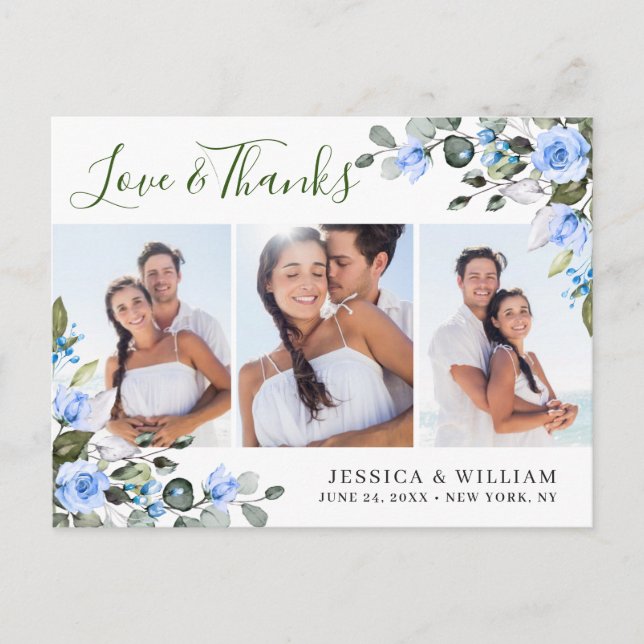 Cartão Postal Eucalyptus Blue Rosas Casamento 3 Foto Obrigado (Frente)