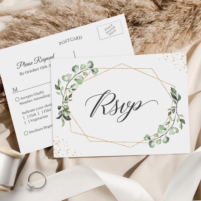 Cartão Postal Eucalyptus Geométrico Deixa Resposta RSVP Casada (This postcard is perfect for inviting guests to RSVP and select their meal choices in advance.)