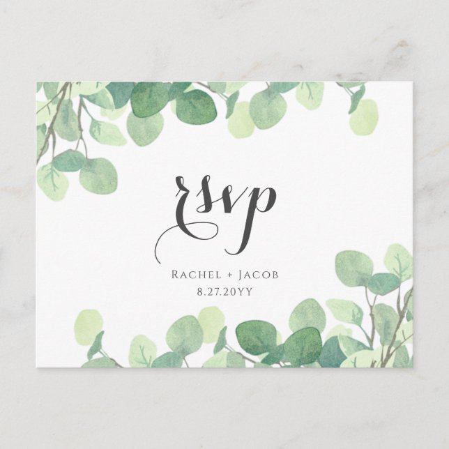 Cartão Postal Eucalyptus Greenery Modern Script Wedding RSVP (Frente)