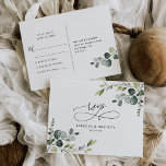 Cartão Postal Eucalyptus Greenery Wedding Elegante Rsvp<br><div class="desc">Projetado para coordenar com a nossa coleção de casamento Boho Greenery,  este Rsvp Postcard personalizável apresenta folhas de cor aquosa de eucalipto emparelhadas com um texto gráfico romântico de escrita de caligrafia,  emparelhado com um serif clássico e um sans moderno de preto. Itens correspondentes disponíveis.</div>