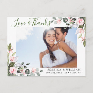 Cartão Postal Eucalyptus Pink Roses Foto De Casamento Obrigado