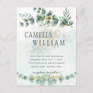 Cartão Postal Eucalyptus Wedding Invitation Modern Greenery Dour