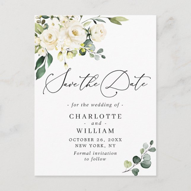 Cartão Postal Eucalyptus White Roses Casando Salvem a Data (Frente)