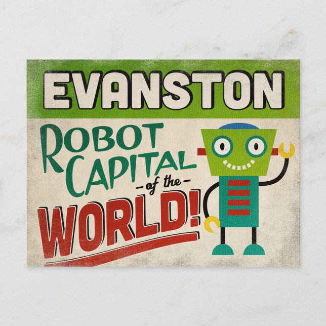 Cartão Postal Evanston Illinois Robot - Funny Vintage (Frente)