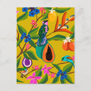 Cartão Postal Exemplo de aves da selva exóticas e flores silvest