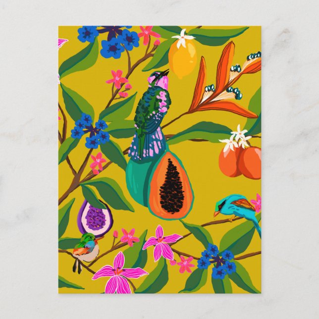 Cartão Postal Exemplo de aves da selva exóticas e flores silvest (Frente)