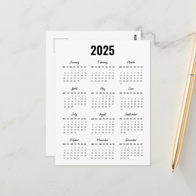 Cartão Postal Exibição de Ano de Cheio do Calendário 2025 Preto  (Frente/Verso In Situ)