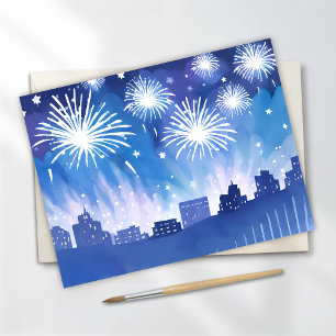 Cartão Postal Exibição de Fogos de Artifício Azuis   Aquarela de