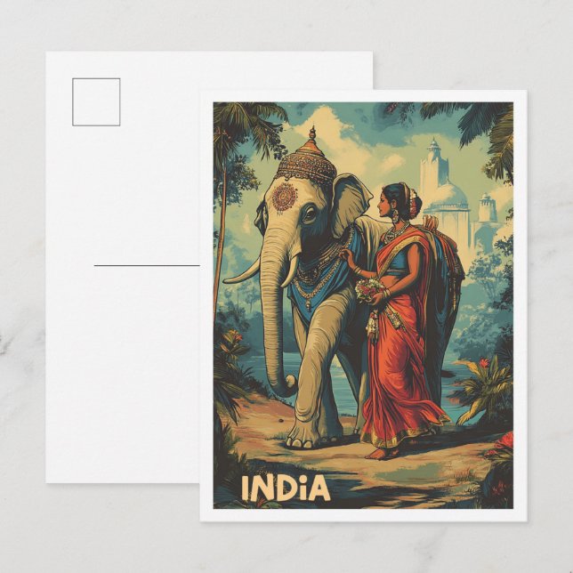 Cartão Postal Explore India Vintage Travel Illustration (Frente/Verso)