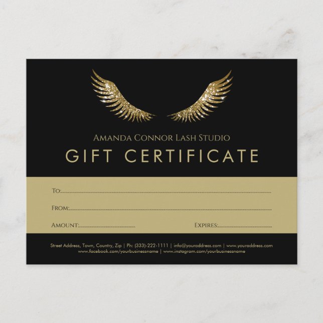 Cartão Postal Eyelash Dourado Wings Black Gift Certificate Vouch (Frente)