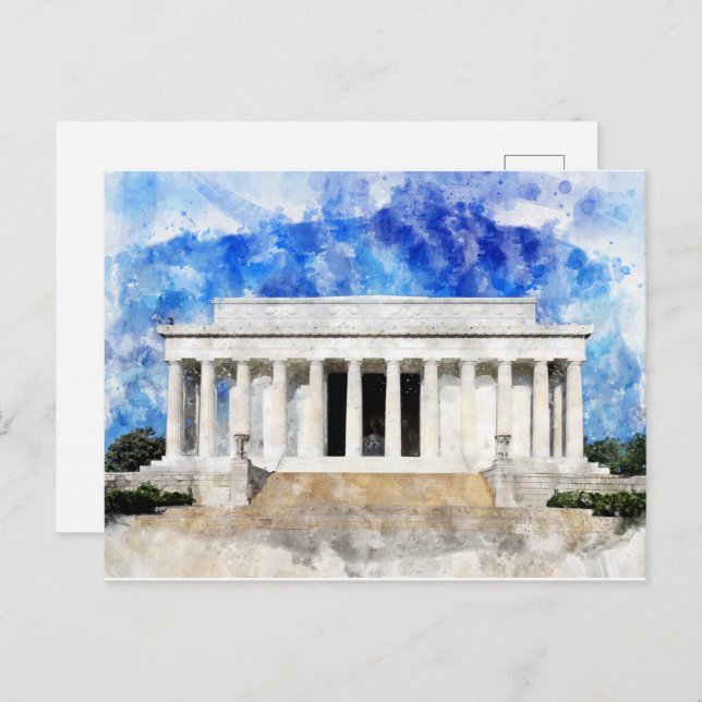 Cartão Postal fachada do Lincoln Memorial em aquarela (Frente/Verso)