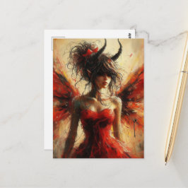 Cartão Postal Fada Adorável com um Vestido Vermelho e Chifres