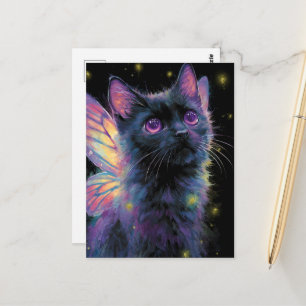 Cartão Postal Fada Adorável de Gato Preto e Roxo