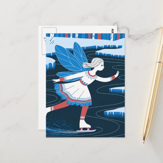 Cartão Postal Fada Adorável de Patinação no Gelo Lago de Inverno (Frente/Verso In Situ)