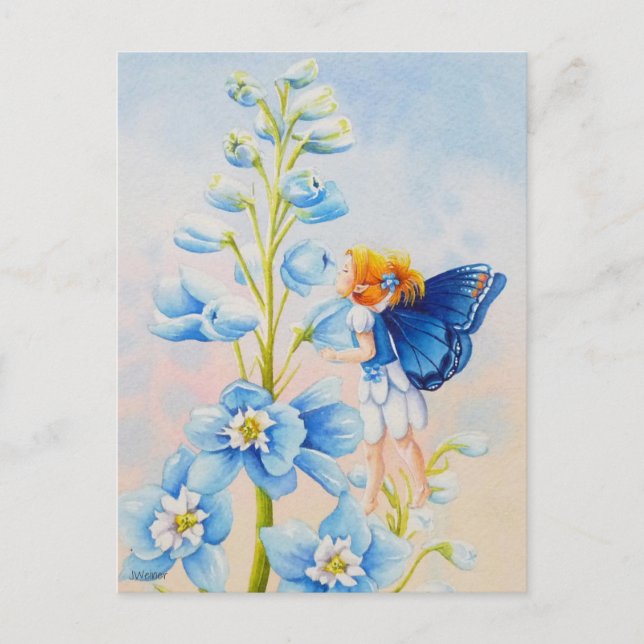 Cartão Postal Fada Azul na Arte de Aquarela Flor Delfina (Frente)