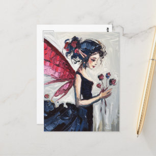 Cartão Postal Fada com vestido preto e Flores