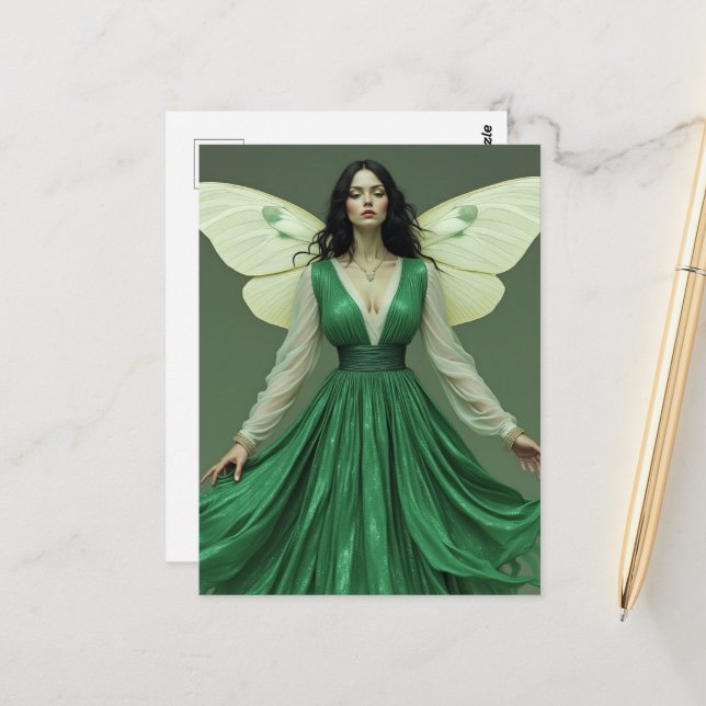 Cartão Postal Fada com vestido verde com asas de mariposa (Frente/Verso In Situ)