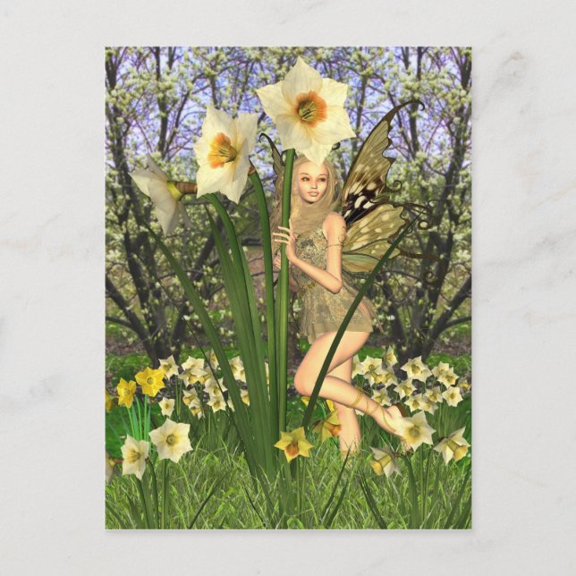 Cartão Postal Fada Daffodil com fundo de Primavera (Frente)