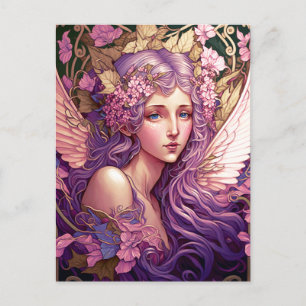 Cartão Postal Fada de Cabelo Roxo Anjo Arte Fantasia