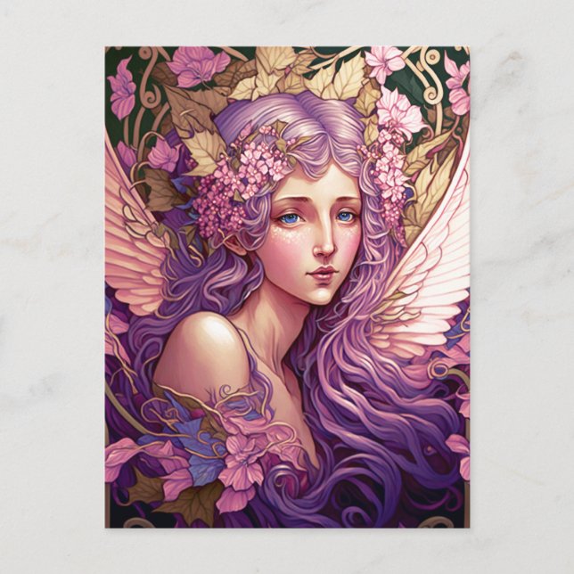 Cartão Postal Fada de Cabelo Roxo Anjo Arte Fantasia (Frente)