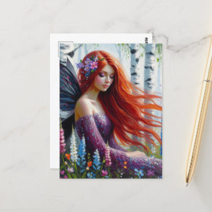 Cartão Postal Fada de Cabelo Vermelho na Floresta de Aves Primav